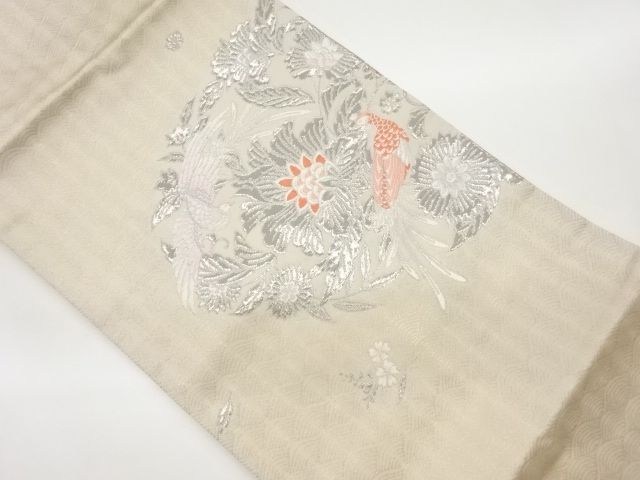 純プラチナ箔鳳凰に草花模様織出し名古屋帯